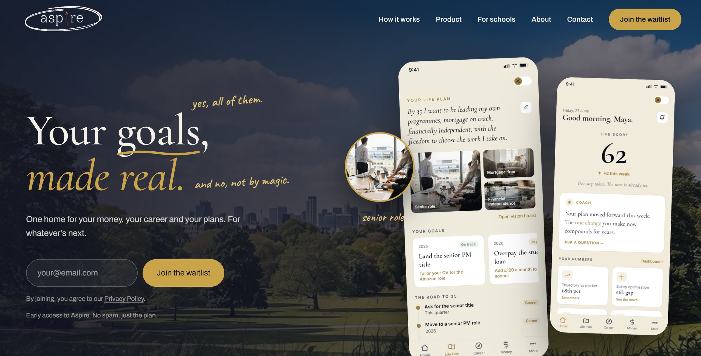 The Aspire homepage with two phone screens of the app