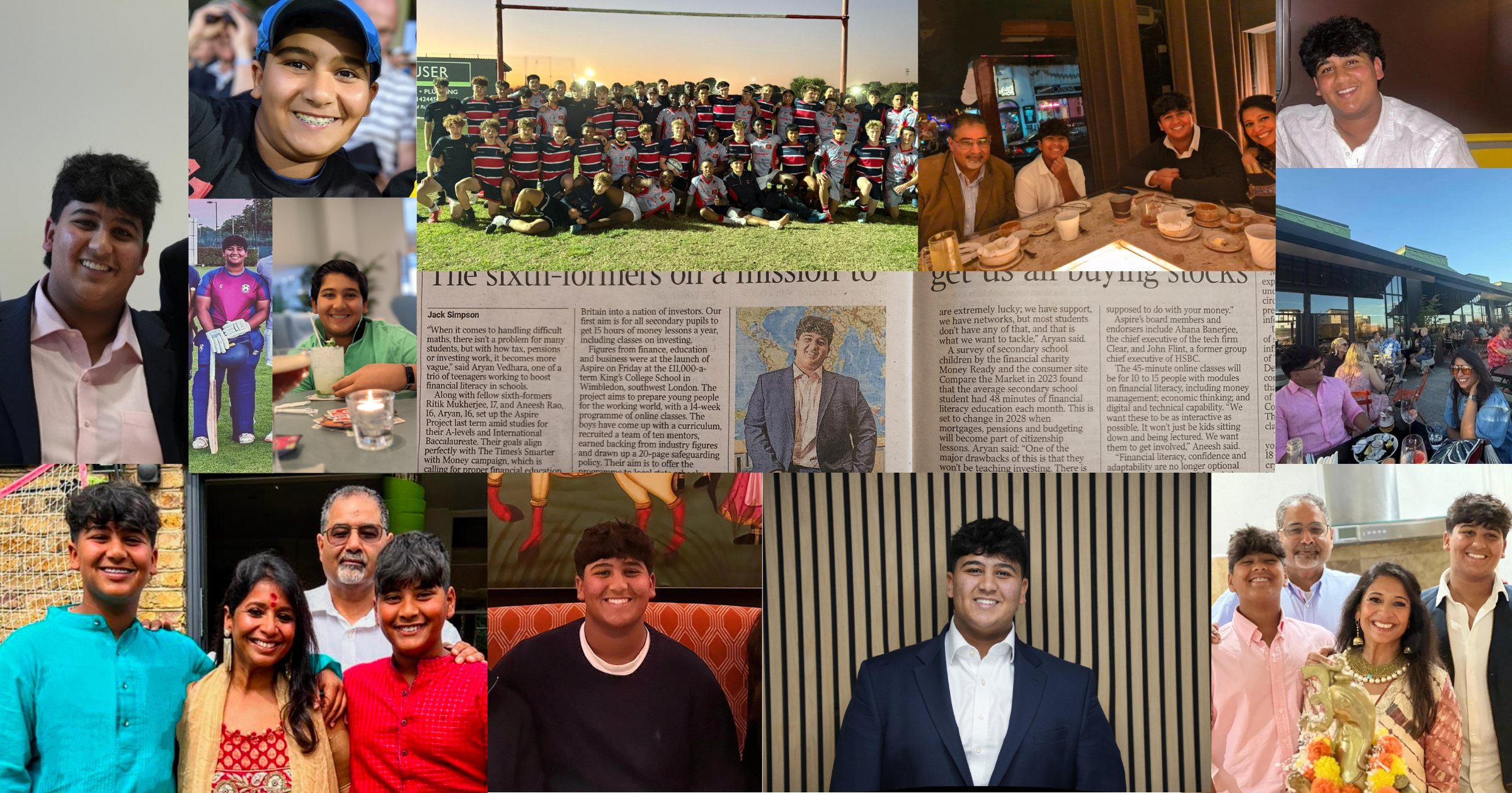 A collage of photographs of Aryan with teams, friends and family